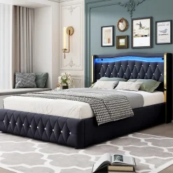 Redom Lit 140x200 cm avec rangement hydraulique, tête capitonnée en velours noir, éclairage LED et pieds larges