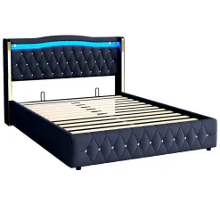 Redom Lit 140x200 cm avec rangement hydraulique, tête capitonnée en velours noir, éclairage LED et pieds larges
