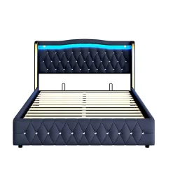 Redom Lit 140x200 cm avec rangement hydraulique, tête capitonnée en velours noir, éclairage LED et pieds larges