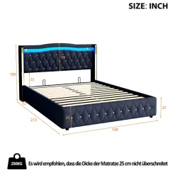 Redom Lit 140x200 cm avec rangement hydraulique, tête capitonnée en velours noir, éclairage LED et pieds larges