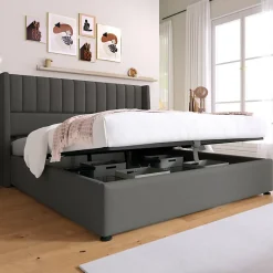 Redom Lit 160x200 cm avec rangement hydraulique, tête de lit tapissée en lin gris et structure robuste Best