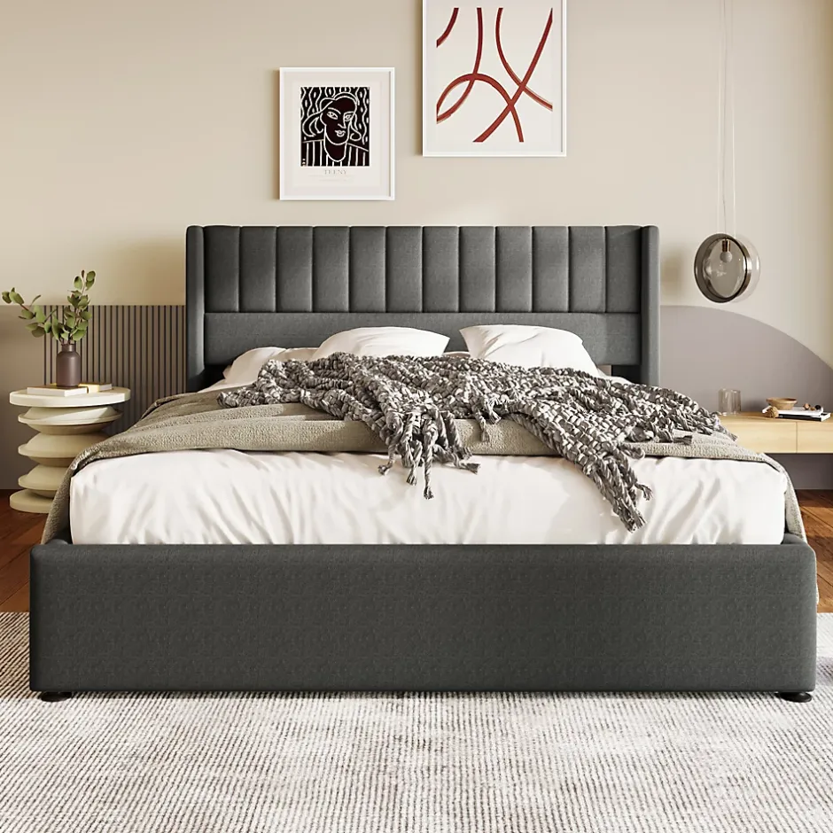 Redom Lit 160x200 cm avec rangement hydraulique, tête de lit tapissée en lin gris et structure robuste Best