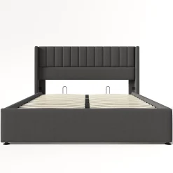 Redom Lit 160x200 cm avec rangement hydraulique, tête de lit tapissée en lin gris et structure robuste Best
