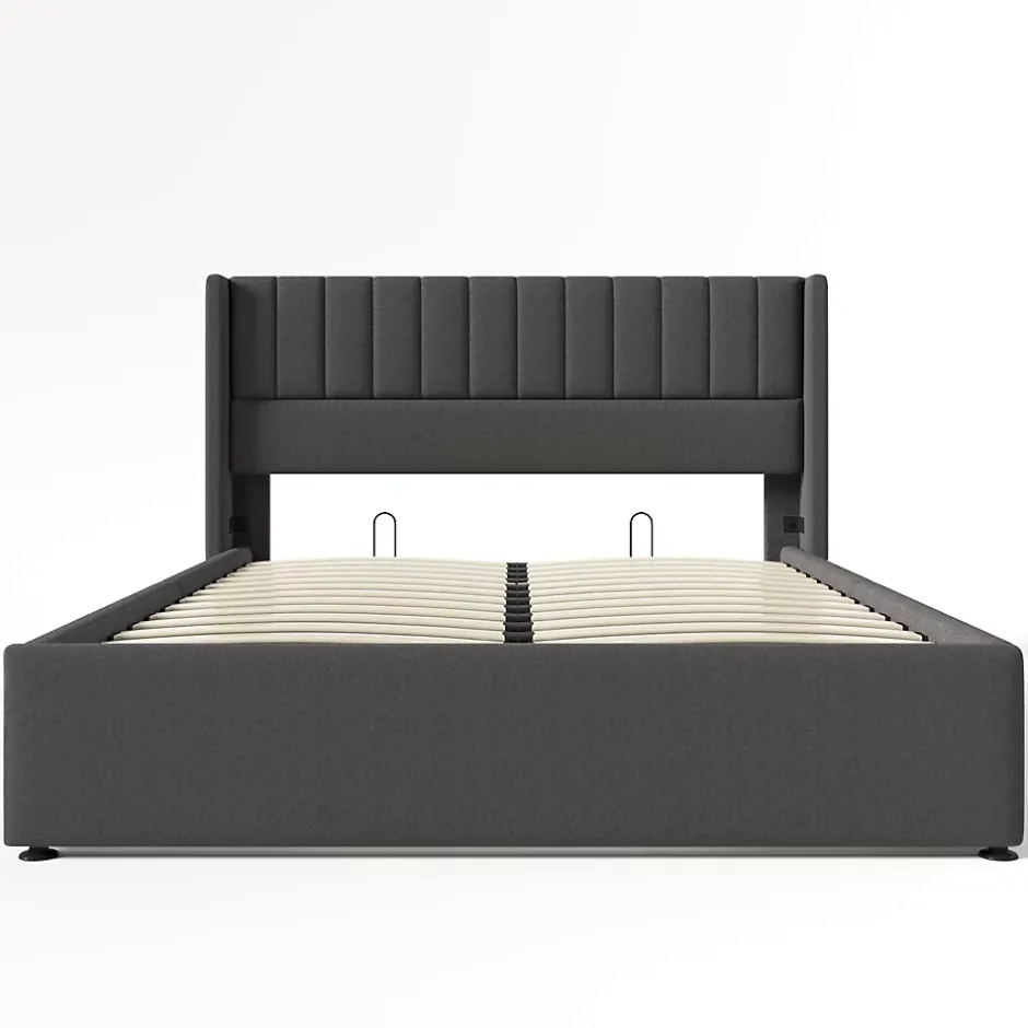Redom Lit 160x200 cm avec rangement hydraulique, tête de lit tapissée en lin gris et structure robuste Best