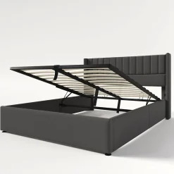 Redom Lit 160x200 cm avec rangement hydraulique, tête de lit tapissée en lin gris et structure robuste Best