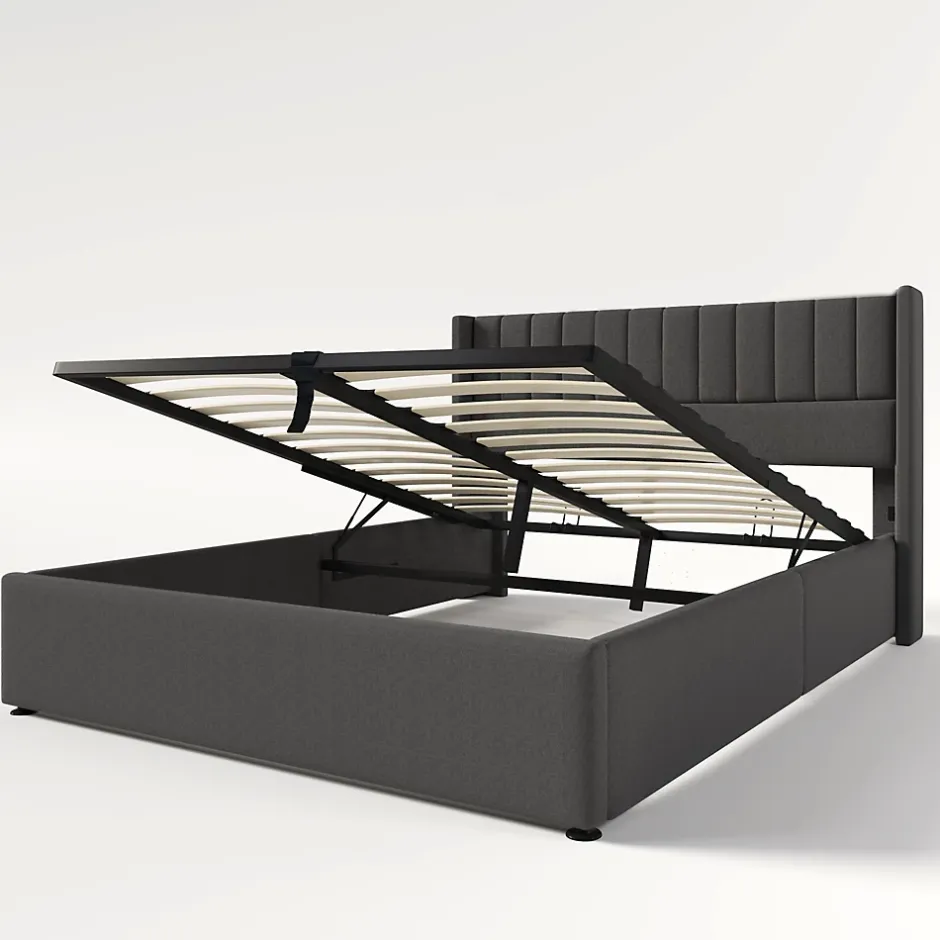 Redom Lit 160x200 cm avec rangement hydraulique, tête de lit tapissée en lin gris et structure robuste Best