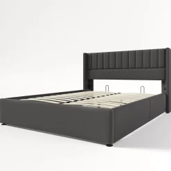 Redom Lit 160x200 cm avec rangement hydraulique, tête de lit tapissée en lin gris et structure robuste Best