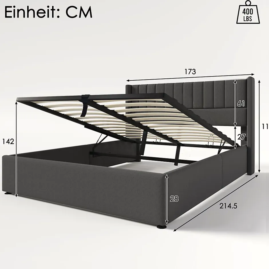 Redom Lit 160x200 cm avec rangement hydraulique, tête de lit tapissée en lin gris et structure robuste Best