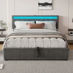 Redom Lit 160x200 cm avec rangement hydraulique et éclairage LED multicolore, revêtement lin gris moderne