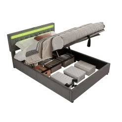 Redom Lit 160x200 cm avec rangement hydraulique et éclairage LED multicolore, revêtement lin gris moderne