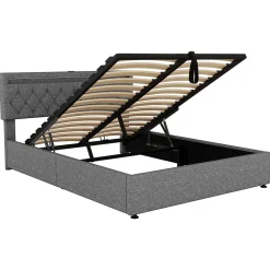 Redom Lit 160x200 cm avec rangement hydraulique et éclairage LED multicolore, revêtement lin gris moderne