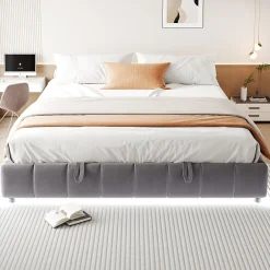 Redom Lit 180x200 cm avec rangement hydraulique et bande LED blanche intégrée, tapissé flanelle gris, cadre métal robuste