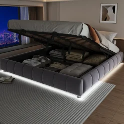 Redom Lit 180x200 cm avec rangement hydraulique et bande LED blanche intégrée, tapissé flanelle gris, cadre métal robuste