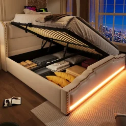 Redom Lit 140x200 cm avec rangement hydraulique, éclairage LED multicolore et tête de lit tapissée en velours beige
