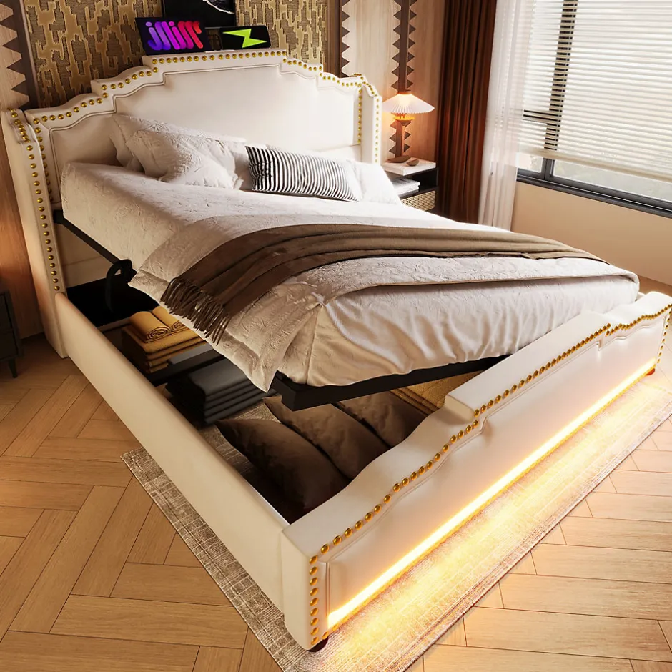 Redom Lit 140x200 cm avec rangement hydraulique, éclairage LED multicolore et tête de lit tapissée en velours beige