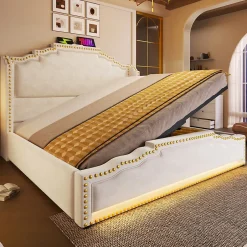 Redom Lit 140x200 cm avec rangement hydraulique, éclairage LED multicolore et tête de lit tapissée en velours beige