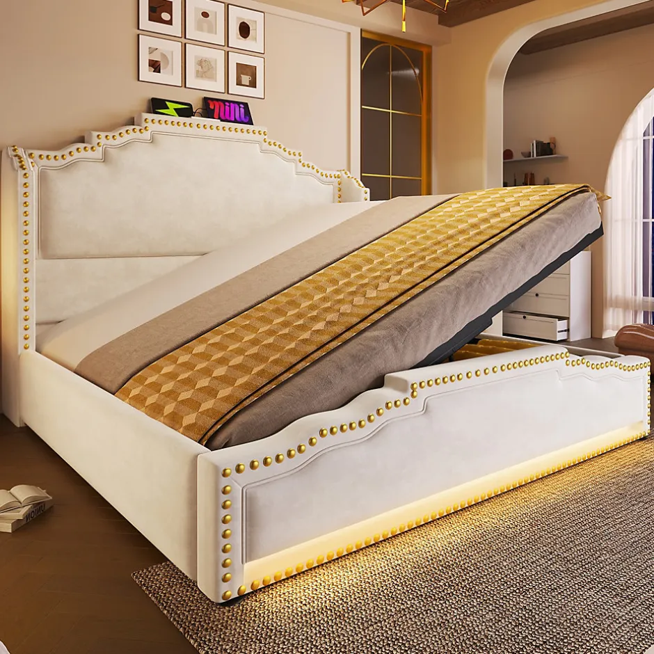 Redom Lit 140x200 cm avec rangement hydraulique, éclairage LED multicolore et tête de lit tapissée en velours beige