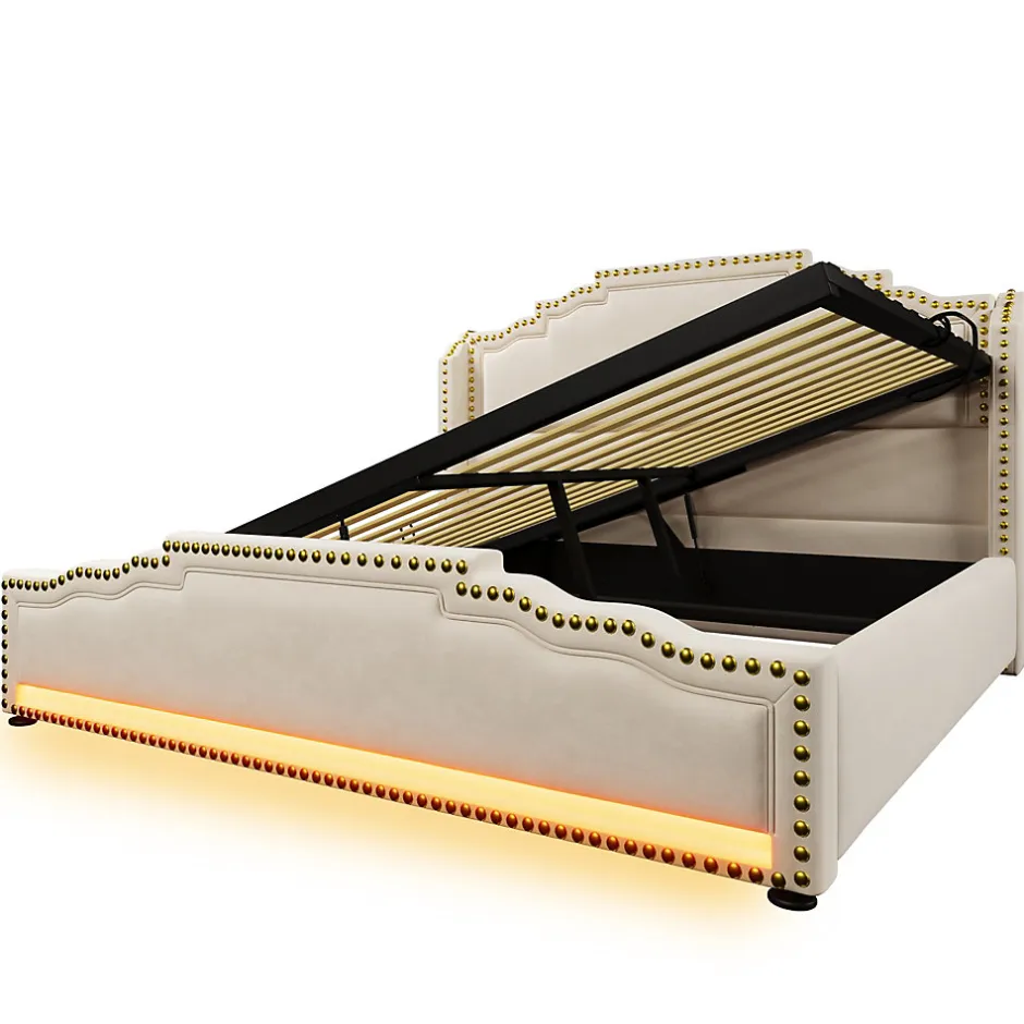 Redom Lit 140x200 cm avec rangement hydraulique, éclairage LED multicolore et tête de lit tapissée en velours beige