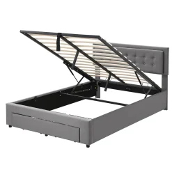 Redom Lit 140x200 cm avec rangement hydraulique et tête de lit réglable, tapissé velours gris, pieds métal