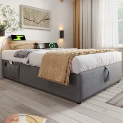 Redom Lit 90x200 cm avec rangement hydraulique, tête de lit étagère en lin gris et ports USB-C, design contemporain