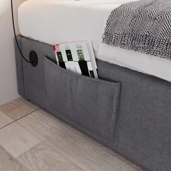 Redom Lit 90x200 cm avec rangement hydraulique, tête de lit étagère en lin gris et ports USB-C, design contemporain