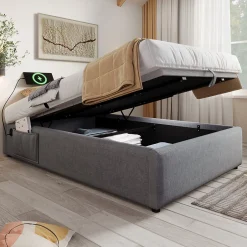 Redom Lit 90x200 cm avec rangement hydraulique, tête de lit étagère en lin gris et ports USB-C, design contemporain