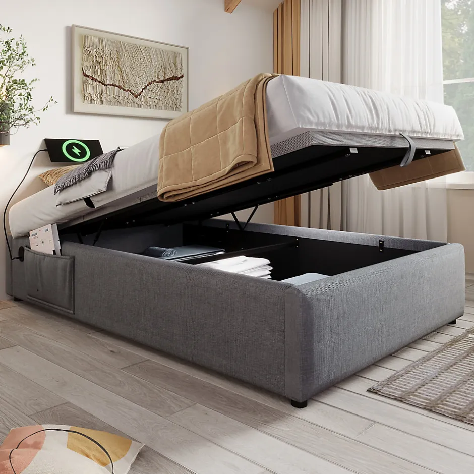 Redom Lit 90x200 cm avec rangement hydraulique, tête de lit étagère en lin gris et ports USB-C, design contemporain