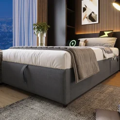 Redom Lit 90x200 cm avec rangement hydraulique, tête de lit étagère en lin gris et ports USB-C, design contemporain