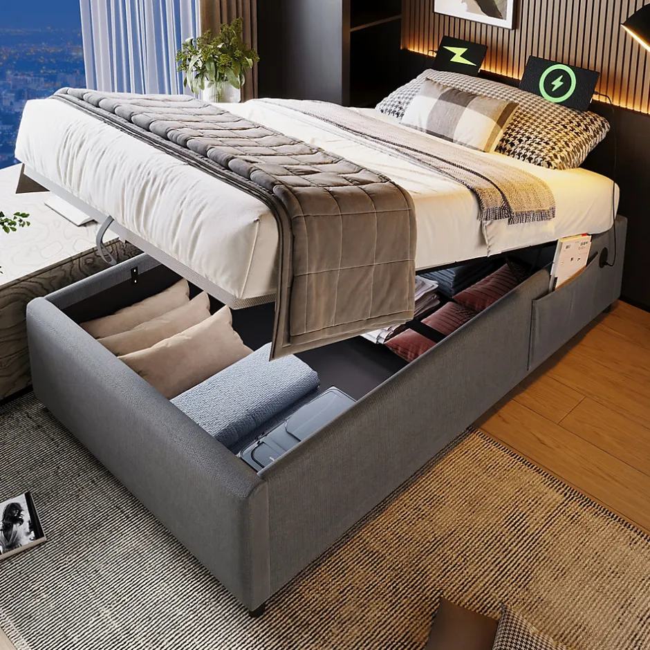 Redom Lit 90x200 cm avec rangement hydraulique, tête de lit étagère en lin gris et ports USB-C, design contemporain