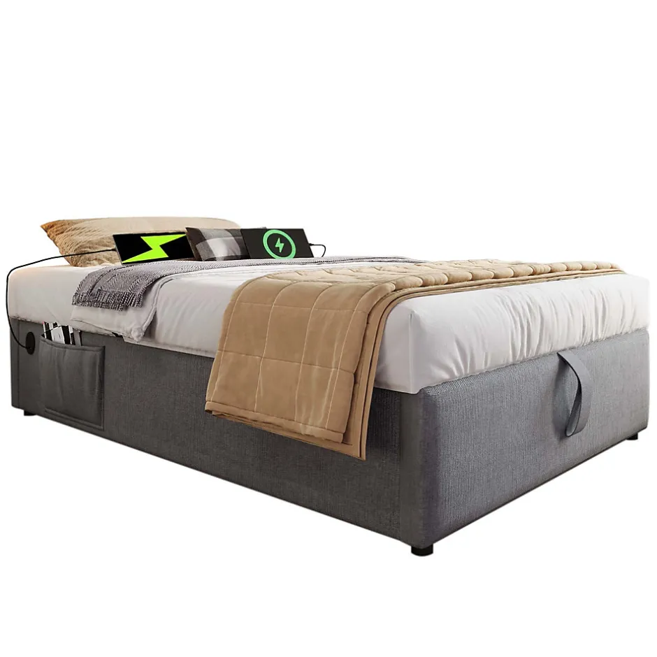 Redom Lit 90x200 cm avec rangement hydraulique, tête de lit étagère en lin gris et ports USB-C, design contemporain