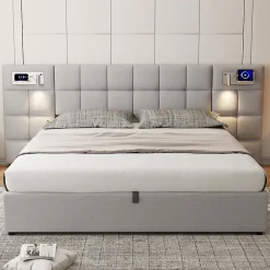 Redom Lit 180x200 cm avec rangement hydraulique, tête rembourrée en lin gris, ports USB et charge sans fil Clearance