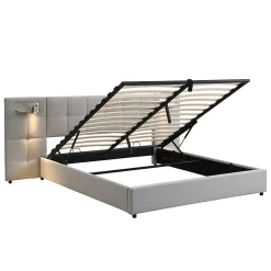 Redom Lit 180x200 cm avec rangement hydraulique, tête rembourrée en lin gris, ports USB et charge sans fil Clearance