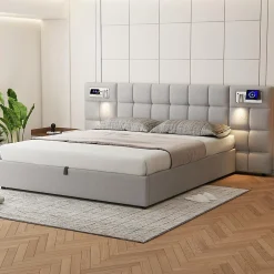 Redom Lit 180x200 cm avec rangement hydraulique, tête rembourrée en lin gris, ports USB et charge sans fil Clearance