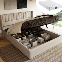 Redom Lit 160x200 cm avec rangement hydraulique, tête de lit rembourrée en lin beige et cadre métal robuste Best