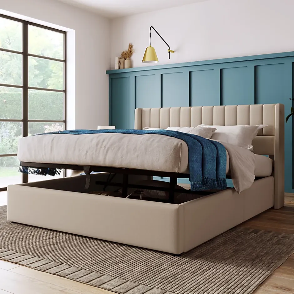 Redom Lit 160x200 cm avec rangement hydraulique, tête de lit rembourrée en lin beige et cadre métal robuste Best