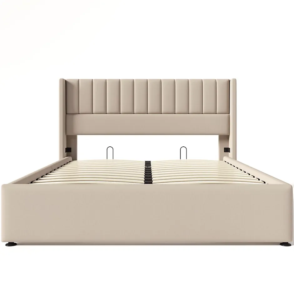 Redom Lit 160x200 cm avec rangement hydraulique, tête de lit rembourrée en lin beige et cadre métal robuste Best