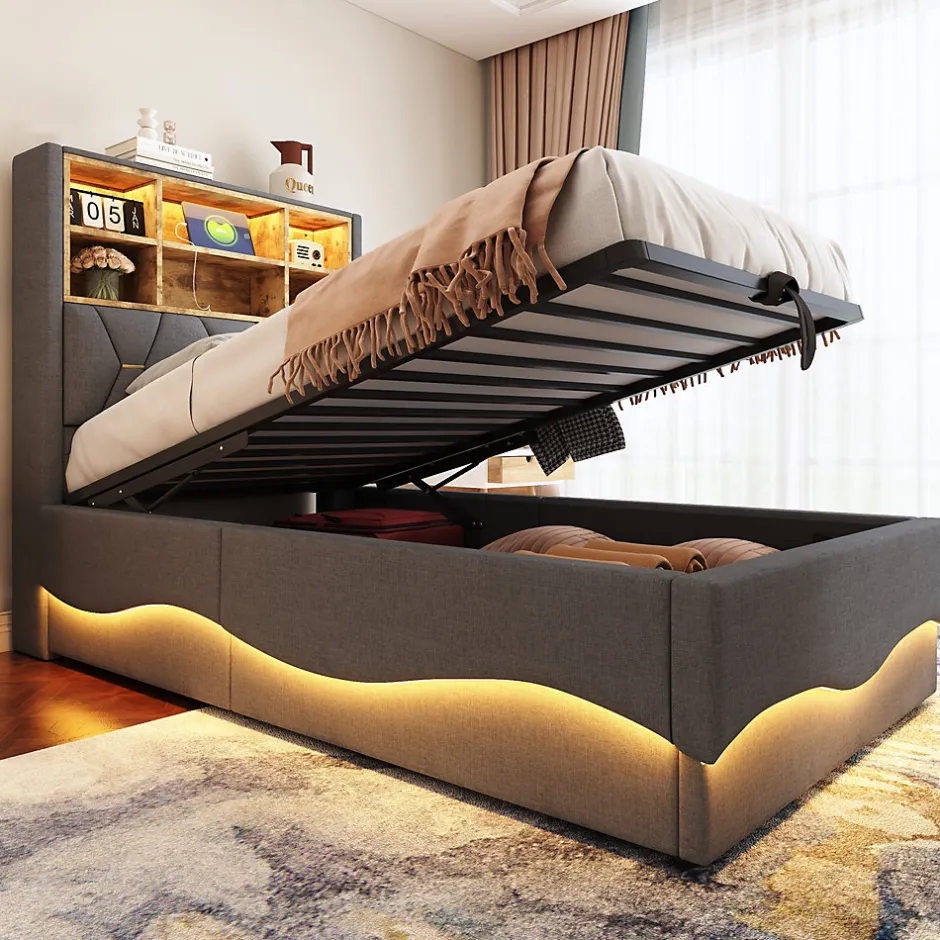 Redom Lit 90x200 cm avec rangement hydraulique et éclairage LED pilotable, tête de lit avec port USB