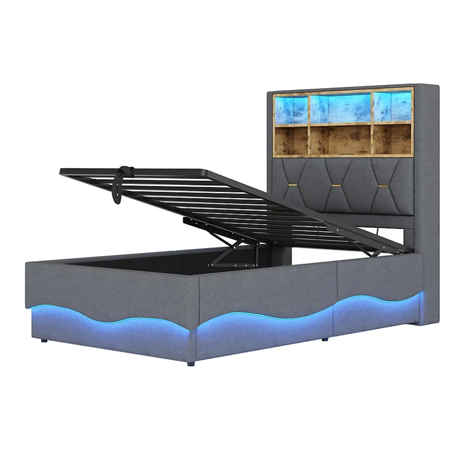 Redom Lit 90x200 cm avec rangement hydraulique et éclairage LED pilotable, tête de lit avec port USB