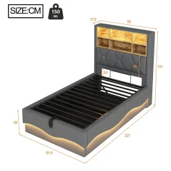 Redom Lit 90x200 cm avec rangement hydraulique et éclairage LED pilotable, tête de lit avec port USB