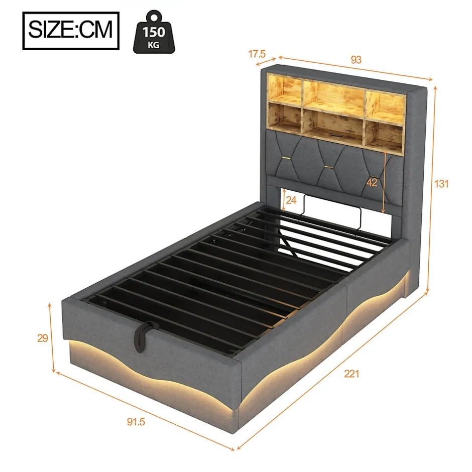 Redom Lit 90x200 cm avec rangement hydraulique et éclairage LED pilotable, tête de lit avec port USB