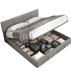 Redom Lit 160x200 cm avec rangement hydraulique, tête de lit réglable et revêtement velours gris élégant Best