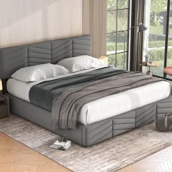 Redom Lit 160x200 cm avec rangement hydraulique, tête de lit réglable et revêtement velours gris élégant Best