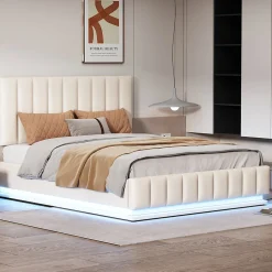 Redom Lit 140x200 cm avec rangement hydraulique et éclairage LED, tapissé similicuir blanc, tête de lit réglable