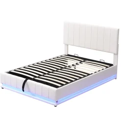 Redom Lit 140x200 cm avec rangement hydraulique et éclairage LED, tapissé similicuir blanc, tête de lit réglable