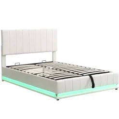 Redom Lit 140x200 cm avec rangement hydraulique et éclairage LED, tapissé similicuir blanc, tête de lit réglable