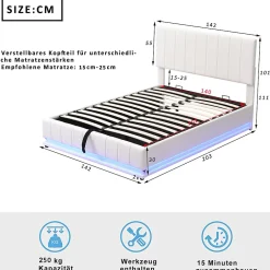 Redom Lit 140x200 cm avec rangement hydraulique et éclairage LED, tapissé similicuir blanc, tête de lit réglable