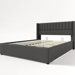 Redom Lit 140x200 cm avec rangement hydraulique, tête de lit rembourrée en lin gris et cadre bois-métal élégant