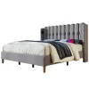 Redom Lit 180x200 cm avec rangement integre et tete de lit tapissee en lin gris, station de charge USB et Type C