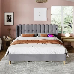 Redom Lit 180x200 cm avec rangement integre et tete de lit tapissee en lin gris, station de charge USB et Type C