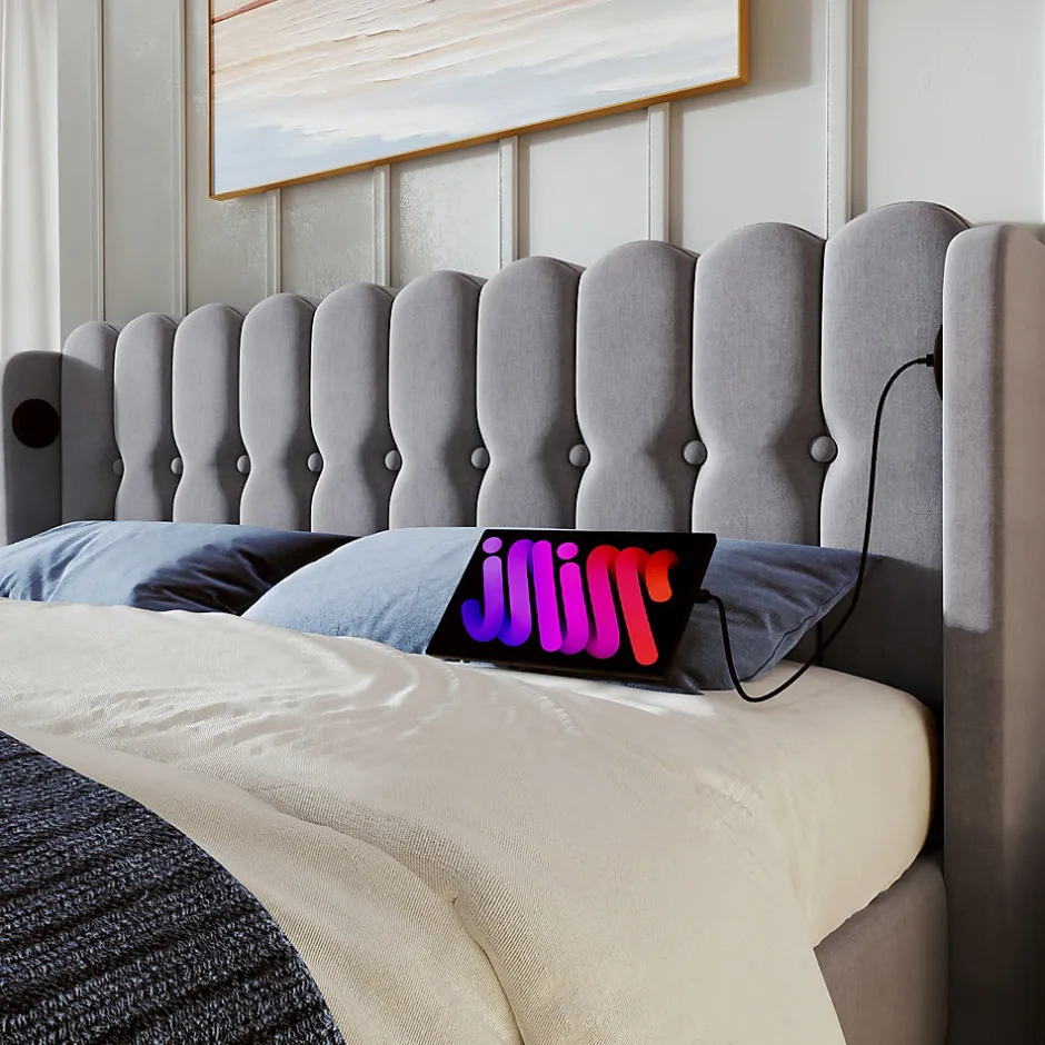 Redom Lit 180x200 cm avec rangement integre et tete de lit tapissee en lin gris, station de charge USB et Type C